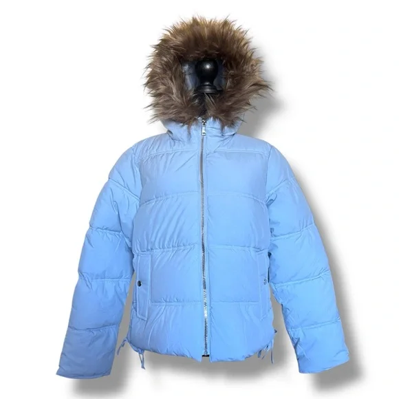 Maralyn & Me Large Quilted Blue Puffer Jacket With Faux Fur Hood - Picture 2 of 8